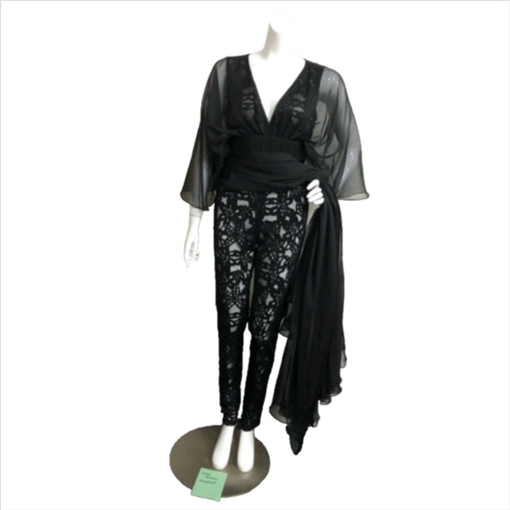 Lotus Threads Black Chiffon Maxi Overlay Lace Long Romper Gown